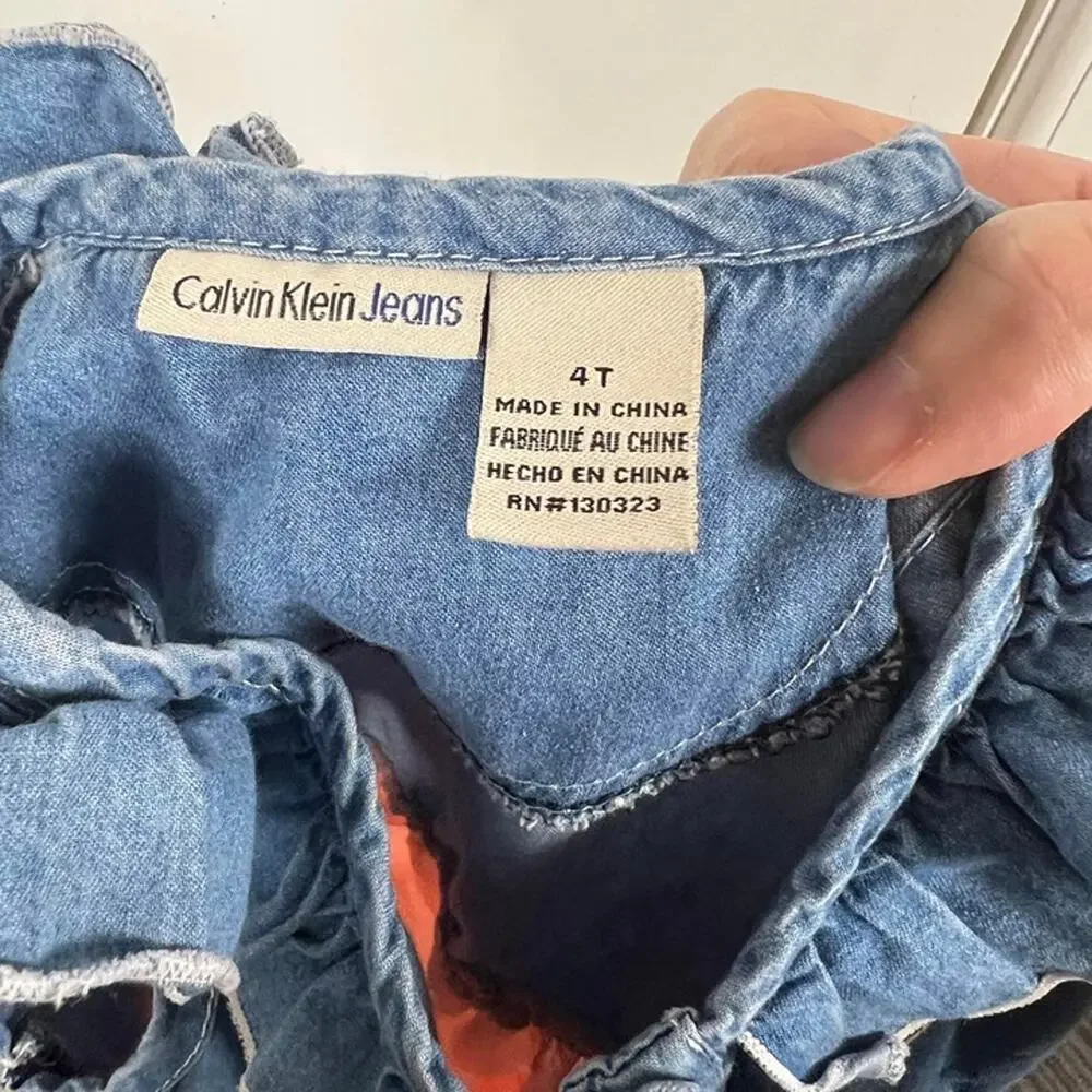 Calvin Klein Jeans Girls Denim & Pink Tulle Dress Ruffle Button Front Size 4T
